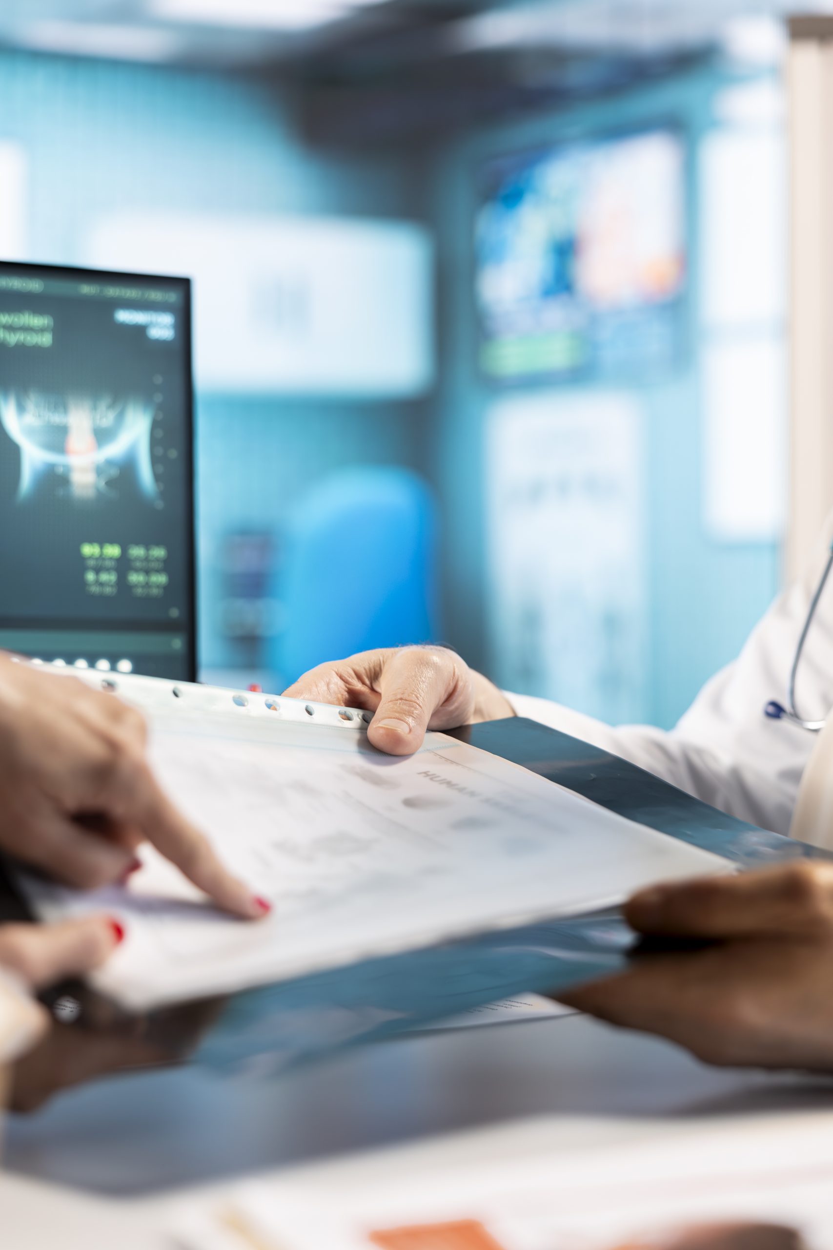 Medic expert provides the files with medical records to female patient
